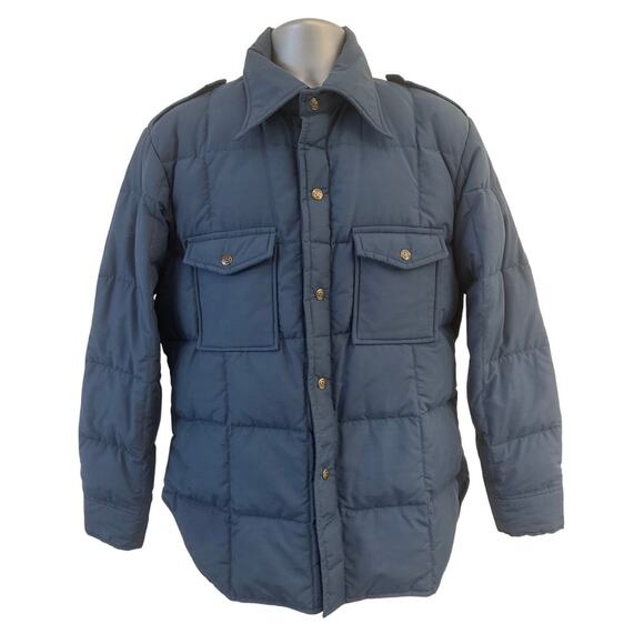 Vtg Eddie Bauer Goose Down Jacket Coat Snaps Puffer Snaps Chambray Blue Shacket - Picture 1 of 14
